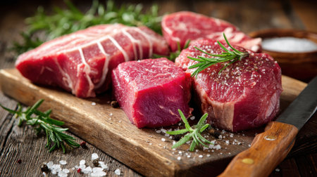 Various cuts of raw beef sit on a wooden board, surrounded by fresh rosemary and coarse salt, highlighting their vibrant red color in a cozy kitchen setting.の素材