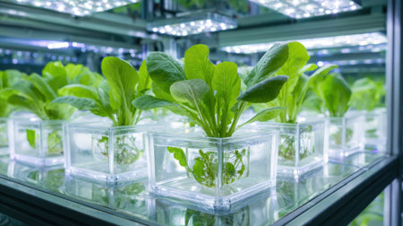 Rows of healthy green lettuce plants thrive in clear containers filled with water. LED lights shine above, providing necessary light for growth in a hydroponic setup.の素材