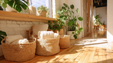 Warm sunlight streams into a cozy hallway lined with plants and woven baskets, creating a tranquil atmosphere filled with natural textures and inviting warmth.の素材