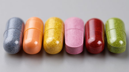 A collection of vibrant capsules displayed in a linear arrangement on a smooth gray surface. Each capsule has a unique color, showcasing a blend of shiny and matte finishes.の素材