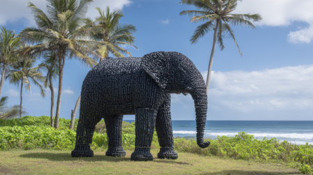 A striking black elephant sculpture made from tires is positioned on green grass by the ocean. Palm trees sway gently in the breeze under a clear blue sky, creating a serene scene.の素材