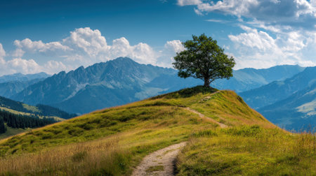 A peaceful hillside features a solitary tree standing tall. In the background, stunning mountains rise against a bright blue sky dotted with fluffy clouds, creating a serene landscape.の素材