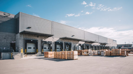 Workers prepare shipments outside a spacious distribution center. Wood crates and pallets are stacked in a well-organized loading area under clear skies.の素材