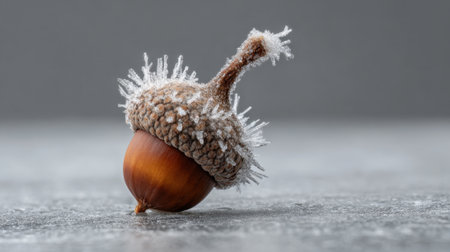 A single acorn is covered in frost, showing delicate ice crystals around its cap. The cold gray background adds to the wintery atmosphere. This scene captures the beauty of nature in winter.の素材