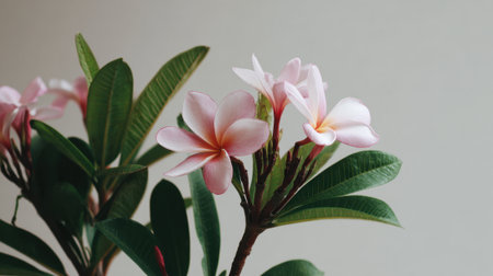 In a cozy indoor setting, delicate pink plumeria flowers with yellow centers bloom from a lush green stem. The soft light enhances their vibrant colors, adding beauty to the room.の素材