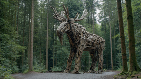 A massive moose sculpture made of wooden planks towers in a serene forest. Surrounded by tall trees, it invites visitors to explore the natural beauty nearby.の素材
