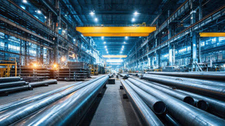Inside a spacious industrial facility, steel pipes are neatly arranged on the ground. Bright lights hang overhead, illuminating the busy space as workers move around.の素材