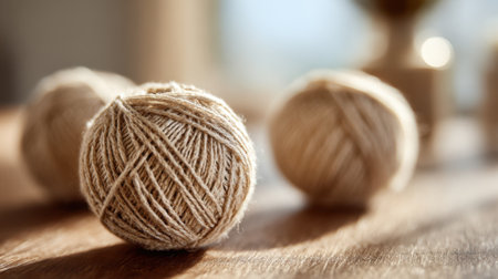 Soft twine balls are arranged on a wooden table, illuminated by warm evening light, creating a calm and inviting atmosphere in a cozy room.の素材