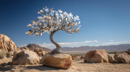 A unique metal sculpture of a tree stands gracefully in a desert area. It appears to swirl and reflect sunlight, surrounded by boulders and a vast mountain range in the background.の素材