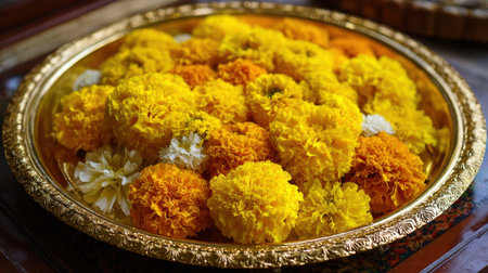 Bright marigold flowers in various shades of yellow and orange are arranged neatly on a golden plate.の素材