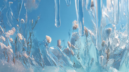A beautiful scene shows frozen flowers encased in ice, with glistening water droplets reflecting sunlight against a bright blue sky. Nature's art captivates the eye.の素材