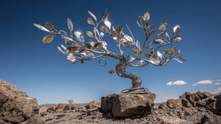 A unique metal tree sculpture is positioned on a large rock in a rugged desert setting. The clear blue sky provides a vibrant backdrop, enhancing the art's intricate design.の素材