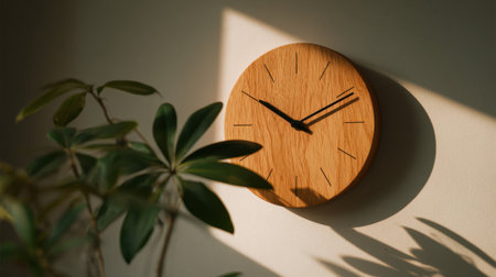 A stylish wooden clock hangs on the wall, its shadow creating an artistic pattern against the surface. A green plant adds a touch of nature to the cozy space, enhancing the warm atmosphere.の素材