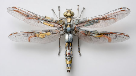 A dragonfly sculpture made from metal parts and mechanical components exhibits a blend of art and engineering. The delicate wings and body display detailed craftsmanship and creativity.の素材
