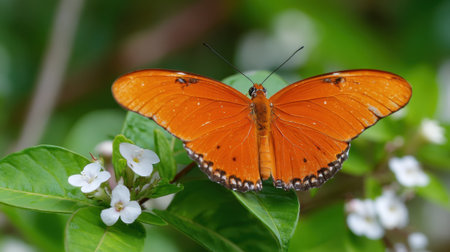 An orange butterfly displays its vibrant wings while perched on green leaves with small white flowers in a lush garden. The scene captures the calmness of nature in broad daylight.の素材