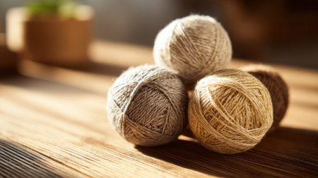 Soft, cozy yarn balls are piled on a rustic wooden table, bathed in warm sunlight. The setting creates a tranquil atmosphere, ideal for knitting or crochet projects.の素材