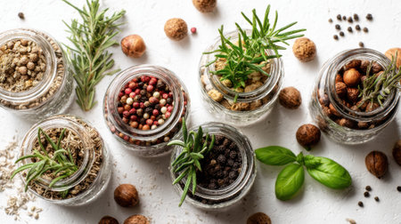 Bright and colorful collection of various herbs and spices is displayed in glass jars on a white surface. Fresh ingredients include rosemary, peppercorns, and herbs ready for cooking.の素材