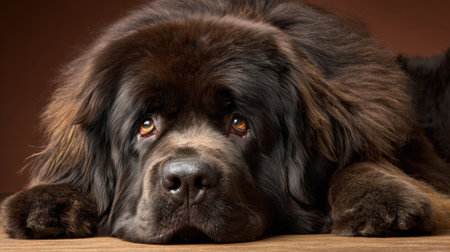 A Newfoundland dog is laying on a wooden surface, showing its thick, fluffy fur and large, expressive eyes. The warm brown background adds to the calm atmosphere of the scene.の素材