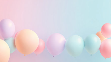 Soft pastel balloons fill the background in shades of pink and blue, enhancing a cheerful setting perfect for a birthday party or special event in a vibrant environment.の素材