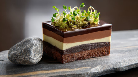 A beautifully crafted dessert features layers of chocolate and cream on a stone plate. It is garnished with green herbs, enhancing its visual appeal in a refined dining atmosphere.の素材