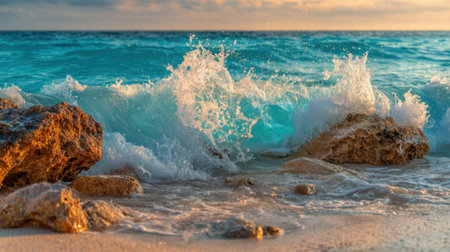 Gentle waves crash against rocky formations on a beautiful beach as the sun sets, creating a peaceful atmosphere filled with the sound of water.の素材