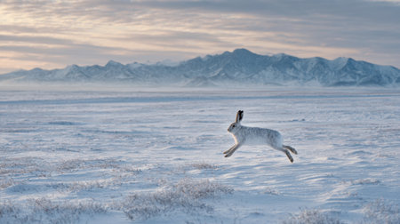A snow hare hops gracefully over a vast, snowy field with distant mountains in the background. The scene captures a serene, cold atmosphere at dawn.の素材
