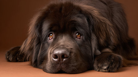 A large brown dog is resting peacefully on a soft surface. Its expressive eyes reveal a calm demeanor, showing a serene moment in a cozy indoor setting.の素材