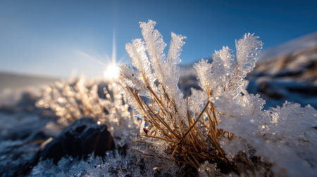 Frost blankets grass and small plants, sparkling under the morning sun. The landscape shows a blend of cold and warmth, highlighting a serene winter scene.の素材