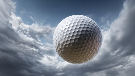 A golf ball floats against a cloudy sky at sunset, creating a striking contrast between the ball's bright surface and the dark, dramatic clouds above. The scene reflects the spirit of golf.の素材