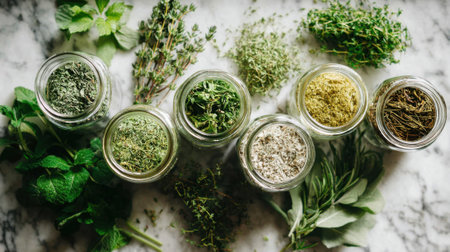 Fresh mint, thyme, and other herbs are displayed in clear jars on a marble counter. This colorful arrangement highlights the variety of herbs used in cooking and gardening.の素材