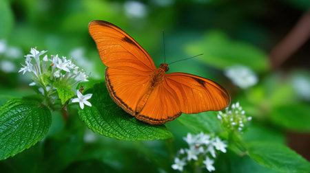 A striking orange butterfly is perched on a green leaf among delicate white flowers. The butterflys wings are open, showing their vivid color.の素材