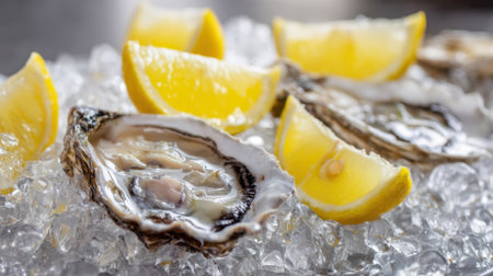 Freshly shucked oysters sit on a bed of ice, garnished with bright lemon wedges. This delicious seafood display captures the essence of summer dining near the coast.の素材