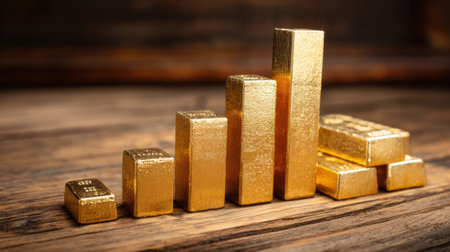 Gold bars are stacked in a gradual rise on a wooden table, symbolizing an increase in value. The arrangement suggests growth in investments and financial success.の素材