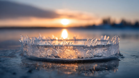 A delicate ice formation lies on a frozen lake, reflecting the golden hues of the sunset. The serene atmosphere captures the beauty of winter's twilight, creating a stunning scene.の素材
