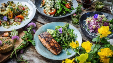 Colorful plates of gourmet dishes include grilled salmon and fresh vegetables, beautifully arranged on a rustic wooden table with flowers and herbs, creating an inviting atmosphere.の素材