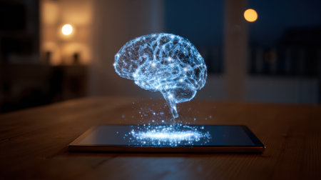 A glowing holographic brain is projected above a tablet on a wooden table. The warm lights of a cozy living room shine softly in the background, creating an inviting atmosphere.の素材