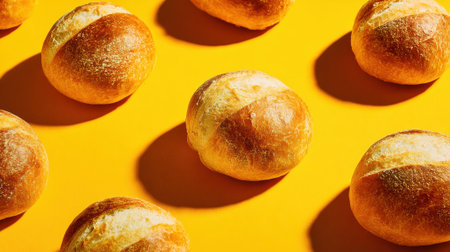 Freshly baked rolls are displayed on a vibrant yellow background, highlighting their golden crust and soft texture. The arrangement emphasizes their round shapes and shadows.の素材