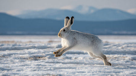 A snowshoe hare leaps gracefully through a blanket of snow, set against a backdrop of distant mountains under a clear winter sky. The scene captures the serene beauty of nature.の素材