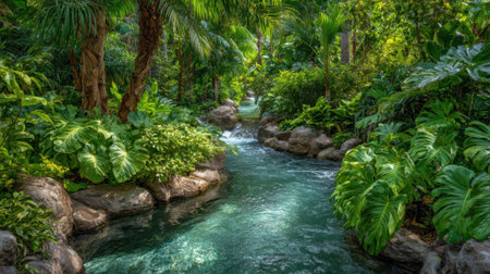 A tranquil river flows gently through a thick jungle filled with vibrant green plants and tall trees. The sunlight filters through the leaves, creating a peaceful atmosphere.の素材