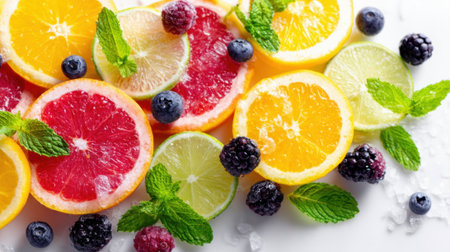 Slices of orange, lime, and grapefruit are beautifully arranged with fresh mint and colorful berries scattered around. This vibrant setup is perfect for summer refreshment ideas.の素材
