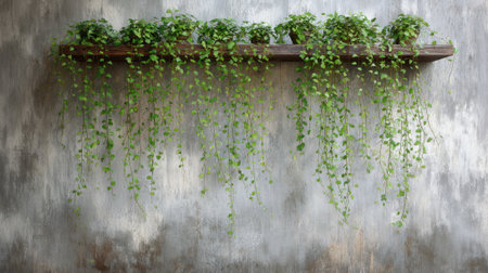 Lush green plants cascade down from a wooden shelf against a softly textured wall. The tranquil indoor setting is brightened by natural light filtering through the space.の素材