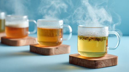 Steaming cups of different types of tea rest on wooden coasters. The warm colors of the tea contrast with the blue background, creating a calm atmosphere.の素材