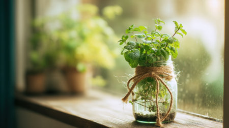 A vibrant mint plant is thriving in a glass jar tied with string, placed on a wooden windowsill. Sunlight streams through the window, highlighting the fresh green leaves.の素材