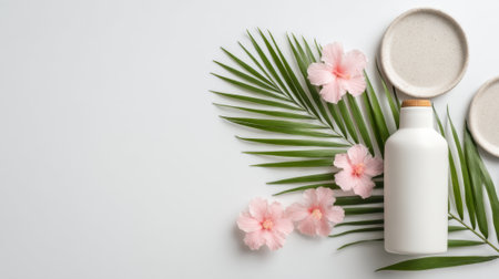 An arrangement features a sleek white bottle among vibrant pink flowers and green palm leaves. The scene has a fresh, tropical feel, perfect for showcasing beauty products or decor.の素材