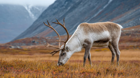 A reindeer is seen grazing in a vibrant autumn field surrounded by majestic mountains. The animal's antlers and fur contrast with the colorful grasses and foliage.の素材