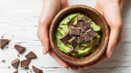 Smooth and rich avocado mixture topped with chunks of chocolate is presented in a wooden bowl, held gently by hands on a white rustic surface, creating a cozy vibe.の素材