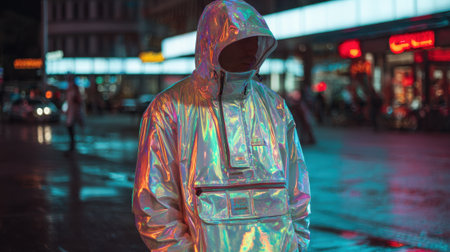 A person stands in a vibrant, rainy city at night, wearing a shiny reflective jacket. Colorful lights of stores and vehicles create a lively atmosphere around them.の素材