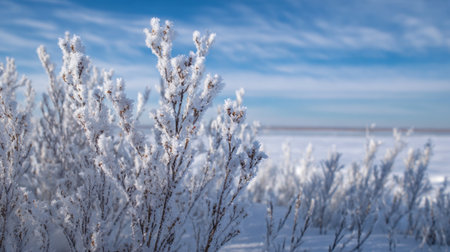 Frosty branches sparkle under the sun near a frozen lake. The scene captures the beauty of winter, with clear blue skies providing a stunning backdrop.の素材