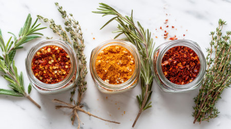 Three jars filled with different spices are placed on a marble surface. Fresh herbs surround the jars, enhancing the culinary atmosphere. Perfect for food enthusiasts and chefs.の素材