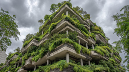 A unique building features multiple levels adorned with dense greenery. The design integrates nature within an urban environment, showing modern architecture amidst dramatic clouds.の素材